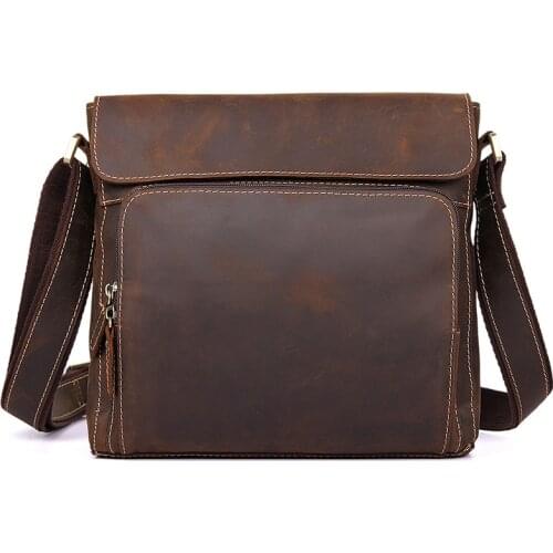 Men Dark Brown Real Crazy Horse Leather Shoulder Messenger Travel Bags 2018Man Cow Leather Brand Luxury Vintage Crossbody Bags