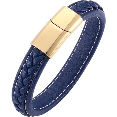 Men Leather Bracelets Blue Leather Charm Bracelet Wristband Bangles Male Jewelry Accessories Gifts BB0216