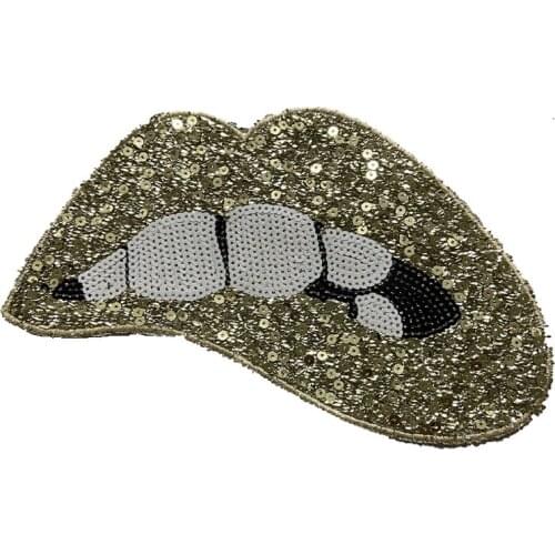 Gold sequined Lips iron on patches for tee shirt jackets