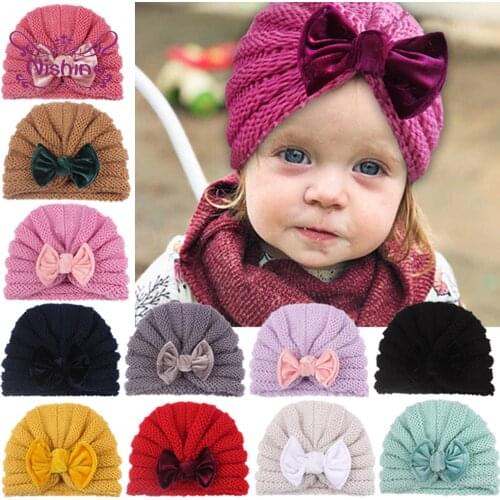 Nishine Baby Girls Velvet Bows Hats Solid Color Knitted Cotton Infant Turban Caps Hair Accessories Birthday Gifts Photo Props