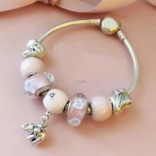 NEW 100% 925 Sterling Silver Love Heart Glass Bead 7 Charm Bead Bracelet Set Planet of Charm Astronaut Night Blue Love Charm