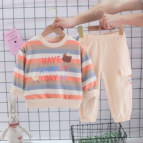 Baby girl clothes spring autumn cute cartoon striped letter long-sleeved sweater 2-piece suit girl cotton suit kid’s clothes