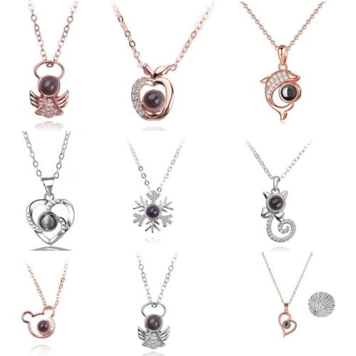 Rose Gold 100 Languages I Love You Projection Pendant Necklace for women Jewelry Love Memory Wedding Necklace Valentines Day