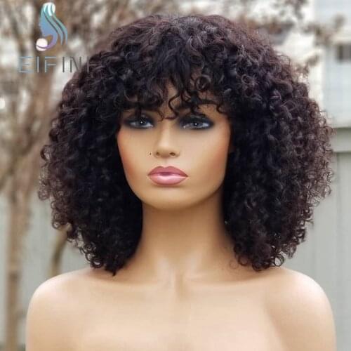 Ombre Peruvian Curly Human Hair Wigs for Black Women With Bangs Natural Black Brown Colored Full Machine Made Short Bob Wigs