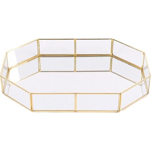Nordic Glass Golden Storage Trays Simple Jewelry and Cosmetics Ornaments Vintage Copper Striped Tea Tray Decoration Home