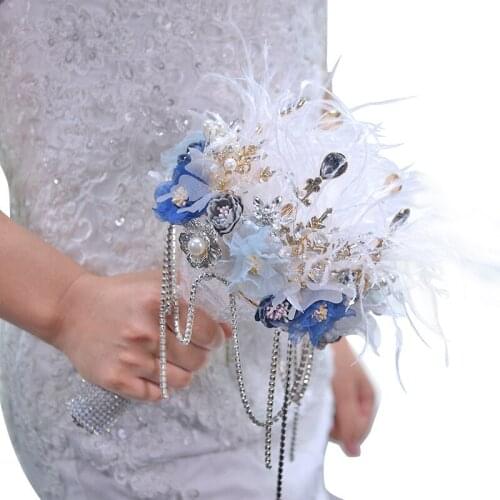 Fariy Feathers Bridal Bouqutes Blue with Silver Crystal Beaded Bouquets 2020 New Arrival Wedding Accesssories 14*28cm