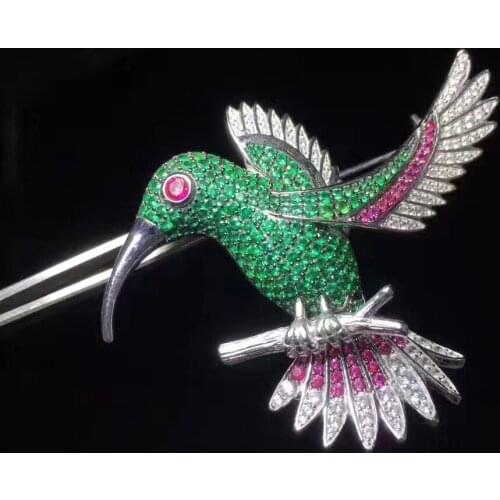 Green color 925 sterling silver with cubic zircon bird brooch pins fine women jewelry free shipping