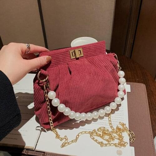New 2021 Vintage Women Corduroy Pearl Chain Handbags Fashion Brand Ladies Girls Casual Crossbody Bags Shoulder Messenger Bag