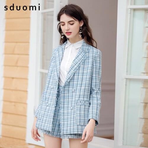 2021 spring and autumn new Xiaoxiang style pattern French suit short coat Long sleeve double breasted Plaid suit womens top