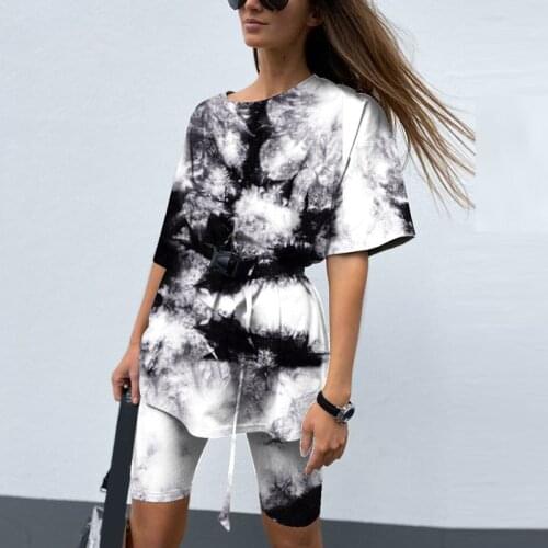 2021 New Casual Tie Dye Women Two Piece Sets With Belt Home Loose Sports Tracksuits Fashion Leisure Bicycle Suit Summer Clothing