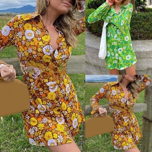 Women Mini Dress Printing Turn-down Collar Loose Long Sleeve Shirt Single Breasted Button-up Dresses for Summer 2021