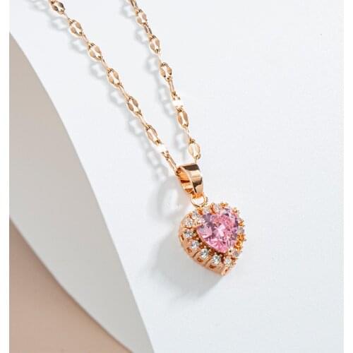 New Fashion Luxury Elegant Pink Heart Zircon Crystal Pendant Women Necklaces Female No Fade Romantic Wedding Party Jewelry Gift