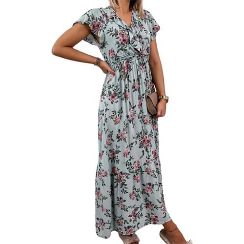 Women Dress Casual Dress V Neck Waist Tight Lotus Leaf Women Short Sleeve Loose Dress Bohemian Print Woman Summer Maxi Dress