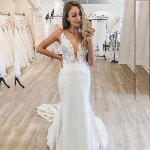 Wedding Dress Sexy Mermaid Deep V-Neck With Sweep Train Sleeveless Satin White Spaghetti Strap Bridal Gowns Custom Made Women