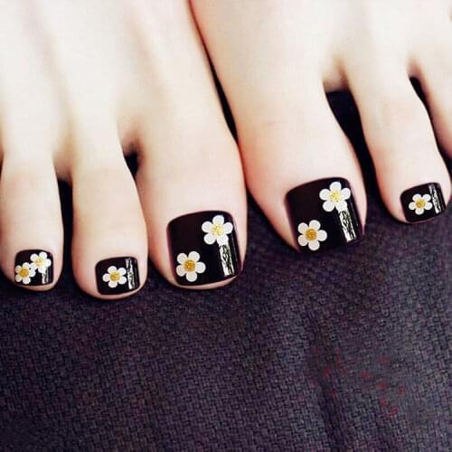 24pcs/box Fake Nails With Glue Small Flower Printed Black Type Removable Short Paragraph Fashion Manicure False Toenail Patch Dl