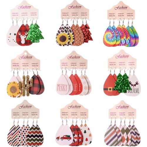 3 Pairs/Set New Printed PU Leather Christmas Earrings for Women Girls Multifarious Festival Motif Leather Statement Earrings