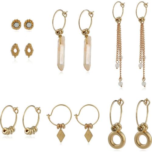 Fashion Women Accessories Mix Lot 7 Pairs Earring Set Gold Color Chain Stones Circle Flower Geometric Wholesale Earrings brincos