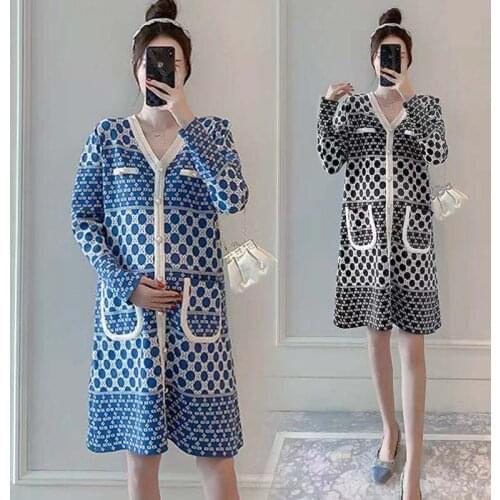 8840# 2021 Autumn Chic Ins Knitted Maternity Straight Dress Slim V Neck Bead Loose Clothes for Pregnant Women Pockets Pregnancy