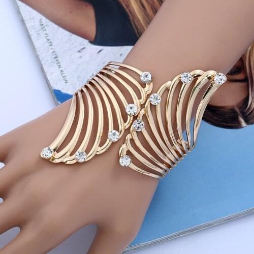 LZHLQ Fashion Feather Rhinestone Bangles For Women 2020 Brand Jewelry Geometric Hollow Wide Metal Plating Cuff Bangle
