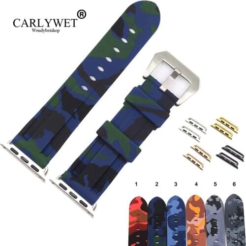 CARLYWET 38 40 42 44mm Camo Blue Green Waterproof Silicone Rubber Replacement Wrist Watchband Loops For Iwatch Series 4/3/2/1