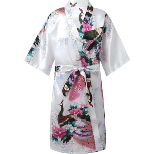 Kids Girls Peacock Flower Printed Faux Satin Kimono Robe Children Bathrobe Nightgown Sleepwear for Spa Party Wedding Birthday