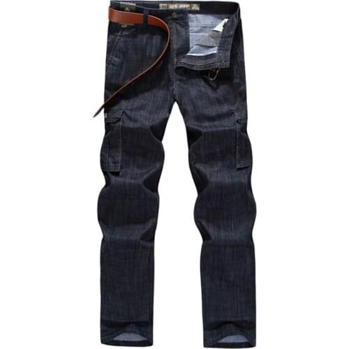 Mcikkny Mens Cargo Casual Jeans Pants Multi Pockets Loose Straight Denim Trousers For Male Plus Size 29-44