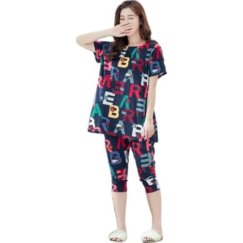 Big code women summer cotton character print tshirts calf-length pants sets loose mid-long large size for the plump XL-5XL