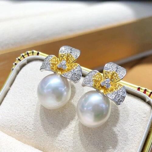 HENGSHENG 9-10mm Natural-Ocean White Pearls Stud Earrings For Women Elegant 925 Sterling Silver Flower Earrings Fine Jewelry