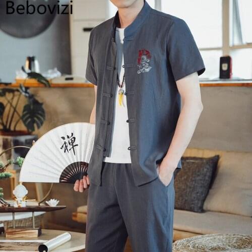 Kung Fu Chinese Style Suit Men Traditional Tang Tops + Pants Summer Plus Size M-5XL Cotton Linen Embroidery Hanfu Sets Clothes