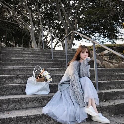 Sweater skirt suit women autumn and winternew fashion solid color temperament sweater with mesh yarn skirt sweater set two-piece