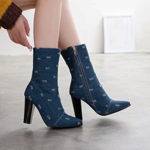 YMECHIC Autumn 2019 Mid Shaft High Heels Cowboy Riding Boots Fashion Denim Blue Black Hole Design Block Heel Ladies Party Shoes