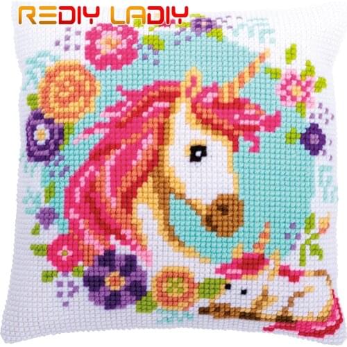 Cross Stitch Cushion Cover Mother & Baby Unicorn Pillow Case Pre-Printed Canvas Acrylic Thick Yarn Cross-stitch Needlepoint Kits