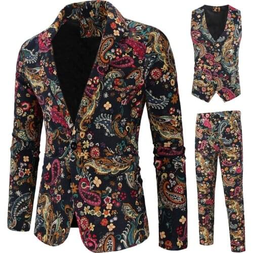 New 2020 Fshion Chinese Style Print men Suit Men Banquet Wear 3 Pieces Set Slim Fit Wedding Tuxedo (Jacket + Vest + Pants)