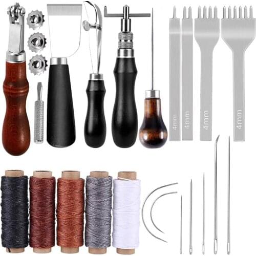 KAOBUY 21Pcs Leather Repair Sewing Kit, Leather Waxed Thread Leather Needle And Stitching Hole Punch Leather Groover Tool