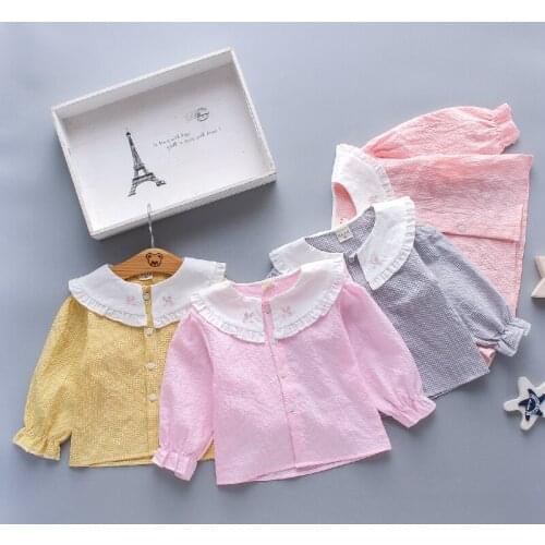 New Spring Fall Sweet Baby Girl Clothes Baby Girl Shirts Solid Doll Collar Long Sleeve Single Breasted Baby Girl Blouses 0-24M