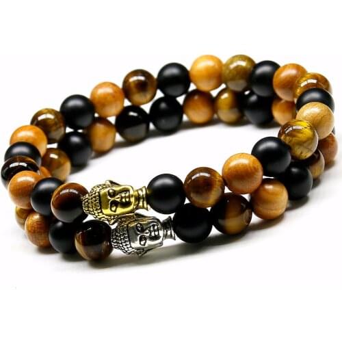 New Natural Tiger Eye Stone Beads Buddha Head Men Bracelets, Matte onyx, Wood Beaded Strand Charm Yoga bracelet Jewelry