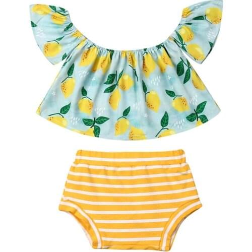 Baby Girl Clothes 2019 Toddler Kids Baby Girls Off Shoulder Lemon Print Top Shorts Pants Outfit Clothes
