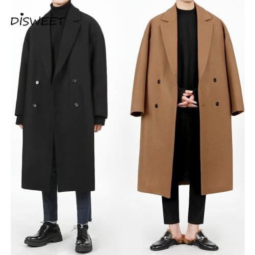 Solid Woolen Padded Coat Male Korean Long Loose Lapel Woolen Coat Mens Simple Slim Warm Double-breasted Jacket Boy 2021