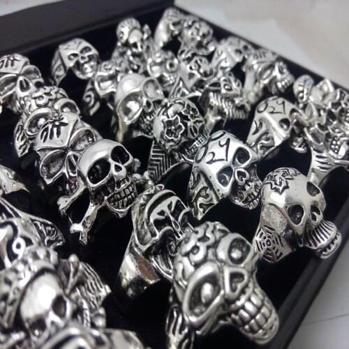 Wholesale 50pcs Mens Skull Skeleton Gothic Biker Rings Top styles Mixed Fashion Jewerly lot