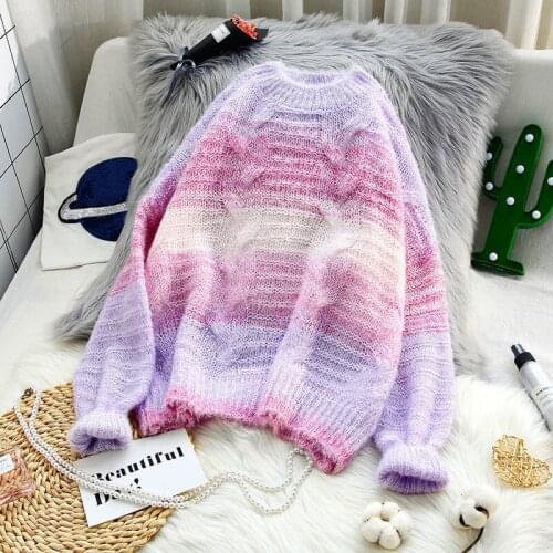 Autumn 2020 Knitted Pullover Sweater Women Rainbow Sweet Sweater Loose Long Sleeve Chic Casual Korean Sweater Womens Clothing
