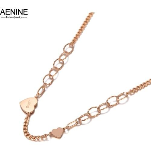 AENINE Bohemia Rose Gold Double Heart Charm Pendant Necklaces For Women Fashion Stainless Steel Link Chain Necklace AN20167