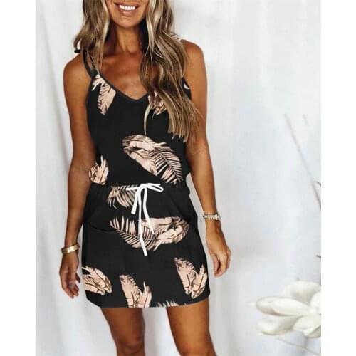 Hirigin Women Dress Leave Print V-neck Drawstring Pocket Suspender Strap Dress Sleeveless Loose Summer Dress Beach Mini Sundress