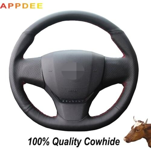 Hand-stitched Black Genuine Leather Steering Wheel Cover for Peugeot 408 2014 2015