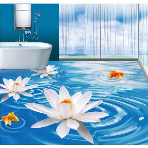 Custom 3D Painting Floor Wallpaper PVC Adhesive Blue Lake White Lotus Goldfish Bathroom 3D Flooring Modern Sticker 3D Floor