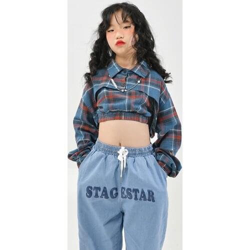 Girls' Hip-Hop Plaid Shirts Jeans Jazz Dance Costumes ChildrenS Performance Costumes Rave Cloths Street Dance Outfits DN8613