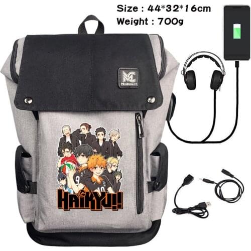 Anime Haikyuu Headphone USB Charging Backpack Travel Canvas Teenager Cartoon Laptop Bag Casual Zipper Student Schoolbag