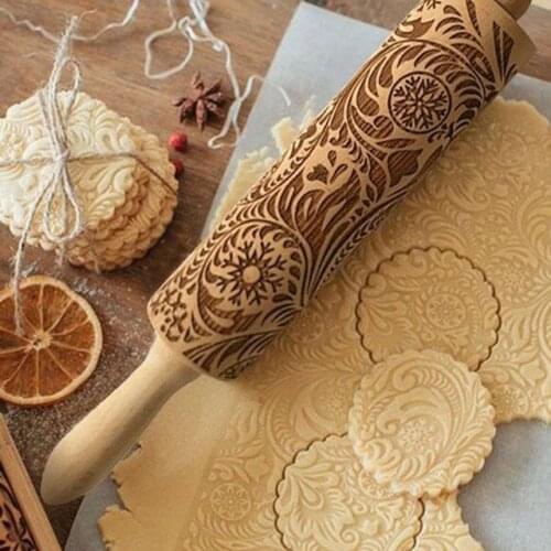 2 Sizes 35cm 43cm Christmas Embossing Rolling Pin Baking Cookies Biscuit Fondant Cake Dough Engraved Roller Reindeer Snowflake