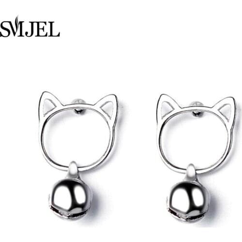 SMJEL Lovely Hollow Cat Earrings With Bell Fashion Earing Jewelry Cat Ear Tassel Korean Chain Stud Earrings for Girls Women