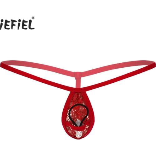 Mens Erotic Lingerie Panties Low Rise Bulge Pouch G-string Elastic Waistband T-back Underwear Artificial Pearls Bead Decor Thong