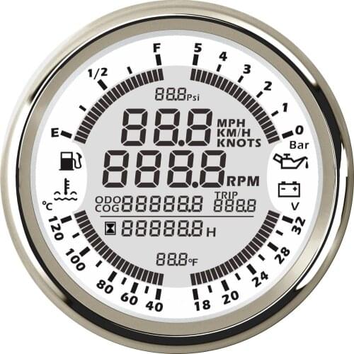85mm Universal Digital Multi-function Gauge 6 In 1 5Bar Oil Pressure 24V Voltage Tachometer RPM Odometer GPS Speedometer